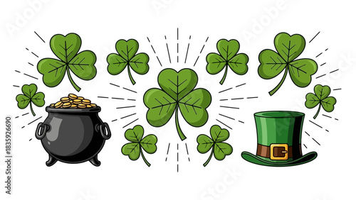 St. Patrick's Day illustration featuring a pot of gold, shamrocks, and a green hat.