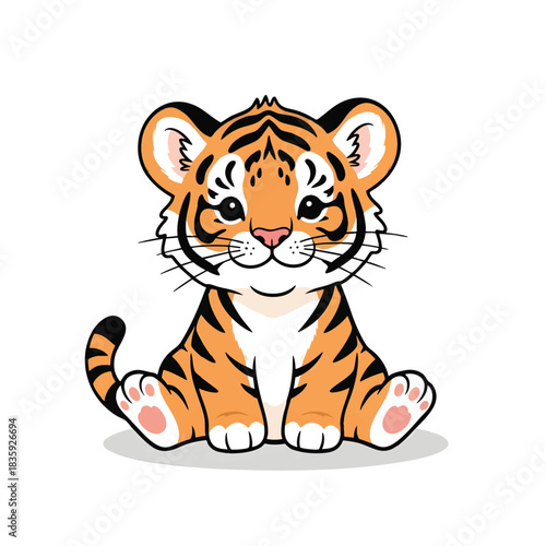 A cute cartoon illustration of a baby tiger sitting down with its tail curled up.