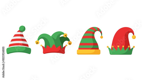 A collection of four festive elf hats, each with a unique design and color scheme, perfect for holiday celebrations.