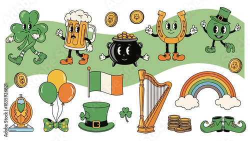 St. Patrick's Day cartoon icons: clover, beer, pot of gold, horseshoe, leprechaun, Irish flag, harp, rainbow, balloons, hat, coins, shoes.