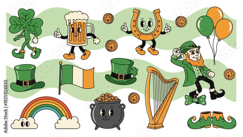 A collection of St. Patrick's Day themed cartoon illustrations including a shamrock, beer mug, horseshoe, leprechaun, and Irish flag.