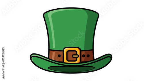 A vibrant illustration of a green leprechaun hat with a brown band and gold buckle.