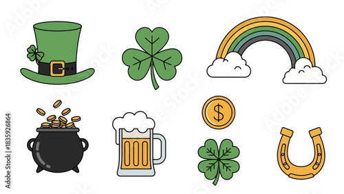 St. Patrick's Day icons: hat, shamrock, rainbow, pot of gold, beer, coin, horseshoe.