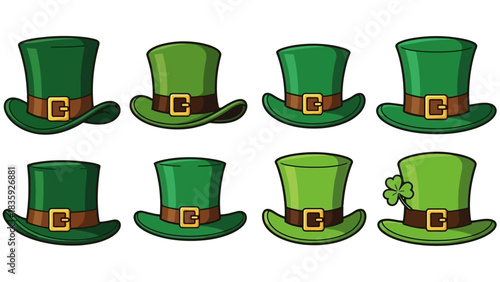 A collection of eight green leprechaun hats with gold buckles and one hat adorned with a shamrock.