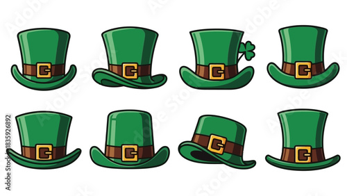 A collection of eight green leprechaun hats with gold buckles and shamrock accents, presented on a white background.