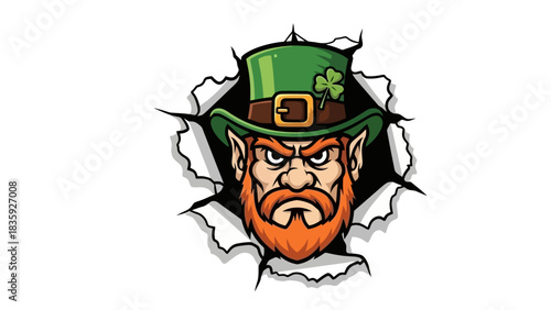 Cartoon leprechaun with a green hat and orange beard bursting through a white background.