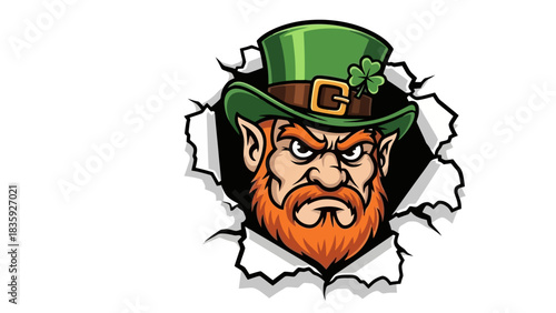 An angry leprechaun with a red beard and a green hat with a shamrock is breaking through a white background.