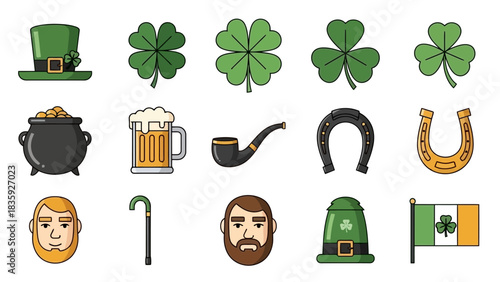 Collection of St. Patrick's Day themed illustrations, featuring iconic symbols and elements.
