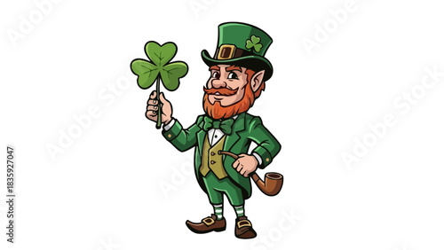 A cartoon illustration of a leprechaun holding a shamrock, with a pipe and hat.