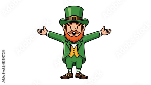A cartoon leprechaun in a green suit and hat with arms outstretched.