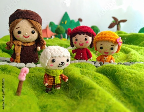 Felt figures walking green landscape path