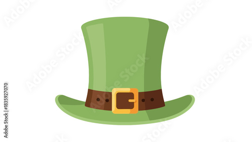 A cartoon illustration of a green leprechaun hat with a brown belt and a gold buckle.