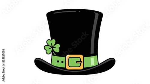 A black top hat adorned with a green shamrock and a green band with a gold buckle.