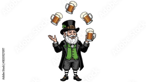 A cartoon leprechaun in a green outfit juggling mugs of beer with a smile.