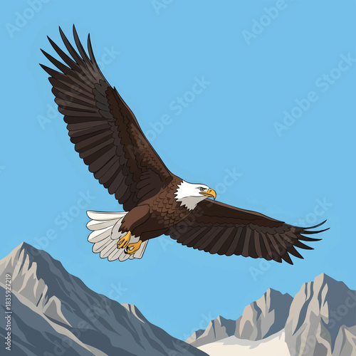 A majestic bald eagle soaring with outstretched wings above snow-capped mountains under a clear blue sky.