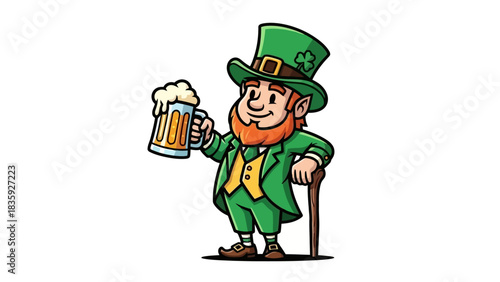 A cartoon illustration of a leprechaun holding a beer mug and a cane, smiling.