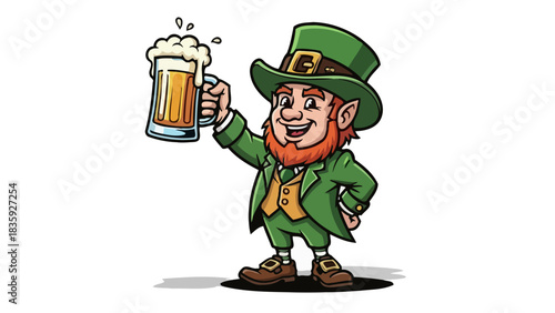 Cartoon leprechaun in green suit and hat holding a beer mug, celebrating.