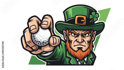 A fierce leprechaun wearing a green hat and suit, holding a golf ball towards the viewer.