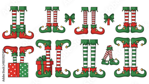 Collection of various Christmas elf legs and bows, festive holiday decorations.