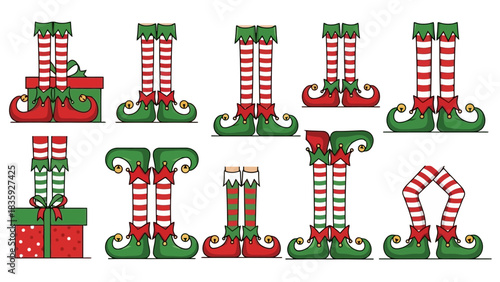 Collection of cartoon elf legs with striped stockings and curled shoes.