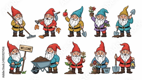 A collection of ten charming garden gnomes engaged in various outdoor activities and holding gardening tools.