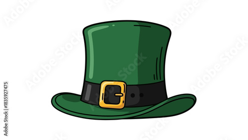 A cartoon illustration of a green leprechaun hat with a black band and gold buckle.