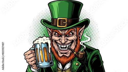 A menacing leprechaun with sharp teeth and a mischievous grin holds a frothy mug of beer and a smoking pipe.