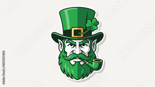 Illustration of a green leprechaun wearing a top hat with a four-leaf clover and smoking a pipe.