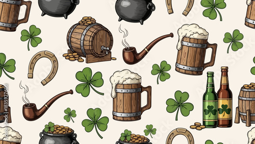 A festive St. Patrick's Day themed seamless pattern featuring shamrocks, beer mugs, pipes, horseshoes, and barrels.