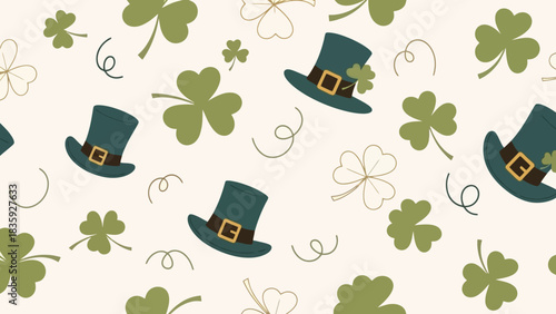 A festive St. Patrick's Day pattern featuring green shamrocks and leprechaun hats on a cream background.