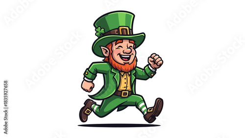 Cartoon leprechaun running with a smile on a white background.