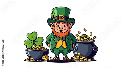 A cheerful leprechaun stands between two pots overflowing with gold coins, with shamrocks adorning his hat and the pots.