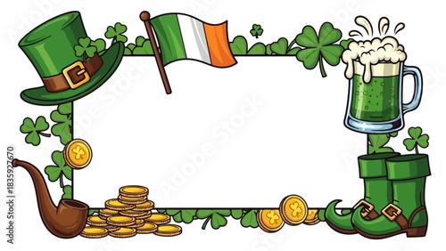 St. Patrick's Day themed frame with a leprechaun hat, Irish flag, beer, and gold coins.