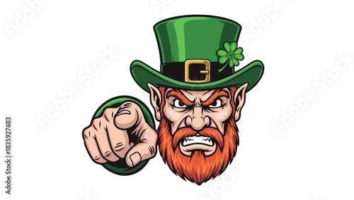An angry leprechaun in a green hat with a shamrock points his finger directly at the viewer.