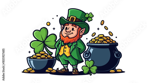 A cheerful leprechaun stands between two pots overflowing with gold coins, holding a shamrock.