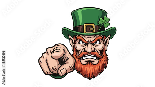 An angry leprechaun wearing a green hat with a shamrock, pointing his finger forward.