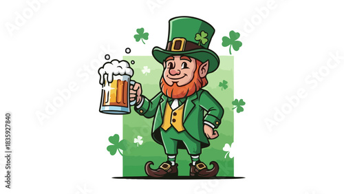 A cheerful leprechaun in a green suit and hat holds a frothy mug of beer, surrounded by shamrocks.