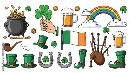 Collection of St. Patrick's Day symbols, including a pot of gold, shamrocks, and beer.
