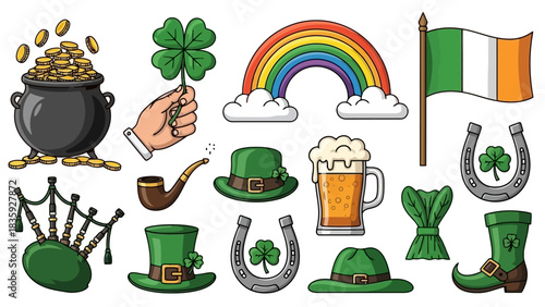 Collection of St. Patrick's Day themed illustrations featuring various symbols and icons.