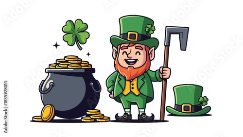 A cheerful leprechaun stands next to a pot of gold coins and a shamrock, embodying St. Patrick's Day themes.