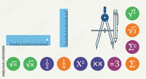 Mathematical Geometry Tools and Algebra Symbols for Education.