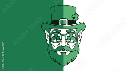 A leprechaun wearing glasses and a hat with shamrocks, set against a split green and white background.
