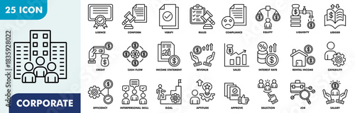 Corporate Icon Set Collection. Consist Of Compliance, license, verification, rules, equity, liquidity, ledger, credit, cash flow, income statement, revenue. Simple Outline Vector Illustration