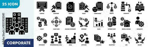Corporate Icon Set Collection. Consist Of Compliance, license, verification, rules, equity, liquidity, ledger, credit, cash flow, income statement, revenue. Simple Glyph Vector Illustration