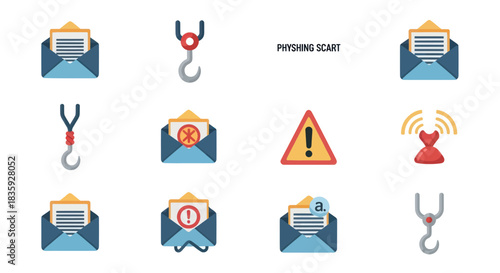 Phishing Attack Icons: Email Hook Warning Sign and Signal.