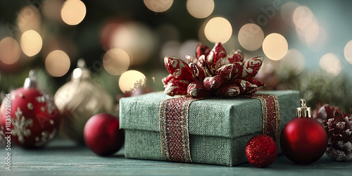 Christmas gift box with red and gold ribbon and bow surrounded by red and gold baubles and pine cones on wooden surface with warm bokeh lights in background