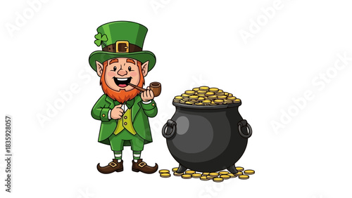 A cheerful leprechaun in a green suit and hat, holding a pipe, stands next to a pot overflowing with gold coins.
