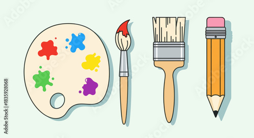 A colorful collection of artists tools including a paint palette two brushes and a graphite pencil illustration.