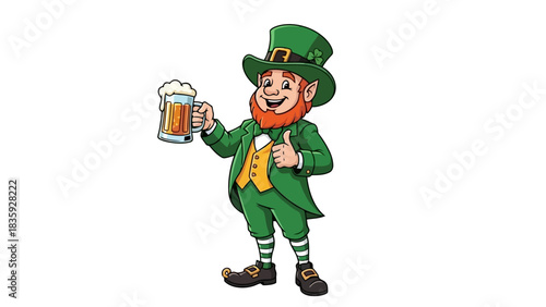 A cartoon leprechaun in a green suit and hat holding a beer mug.
