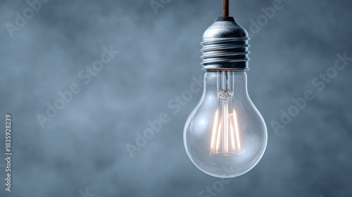 Single glowing light bulb hanging on dark blue background. powerful concept for an idea, inspiration, creativity, innovation, and finding brilliant solution